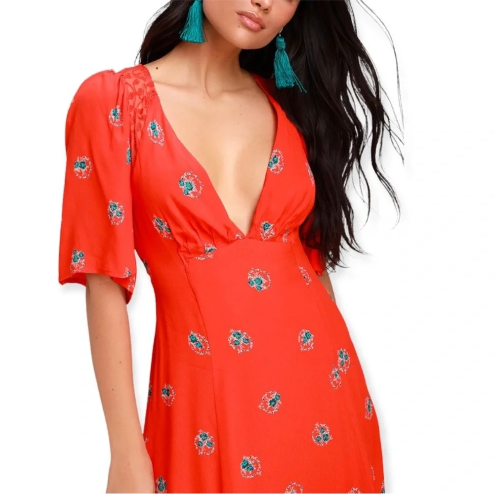 Free People Mockingbird Floral Cut Out Mini Dress Coral Red 2